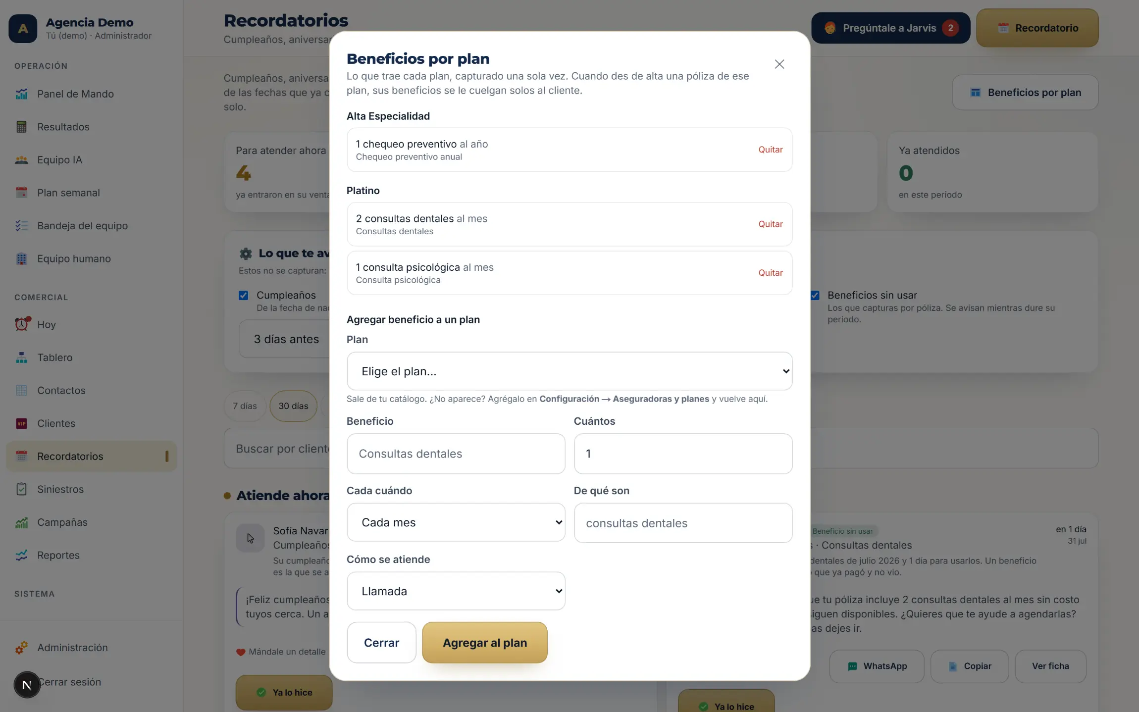Configuración de beneficios por plan en Vigenza: se elige el plan del catálogo y se define cuántos servicios incluye y cada cuándo