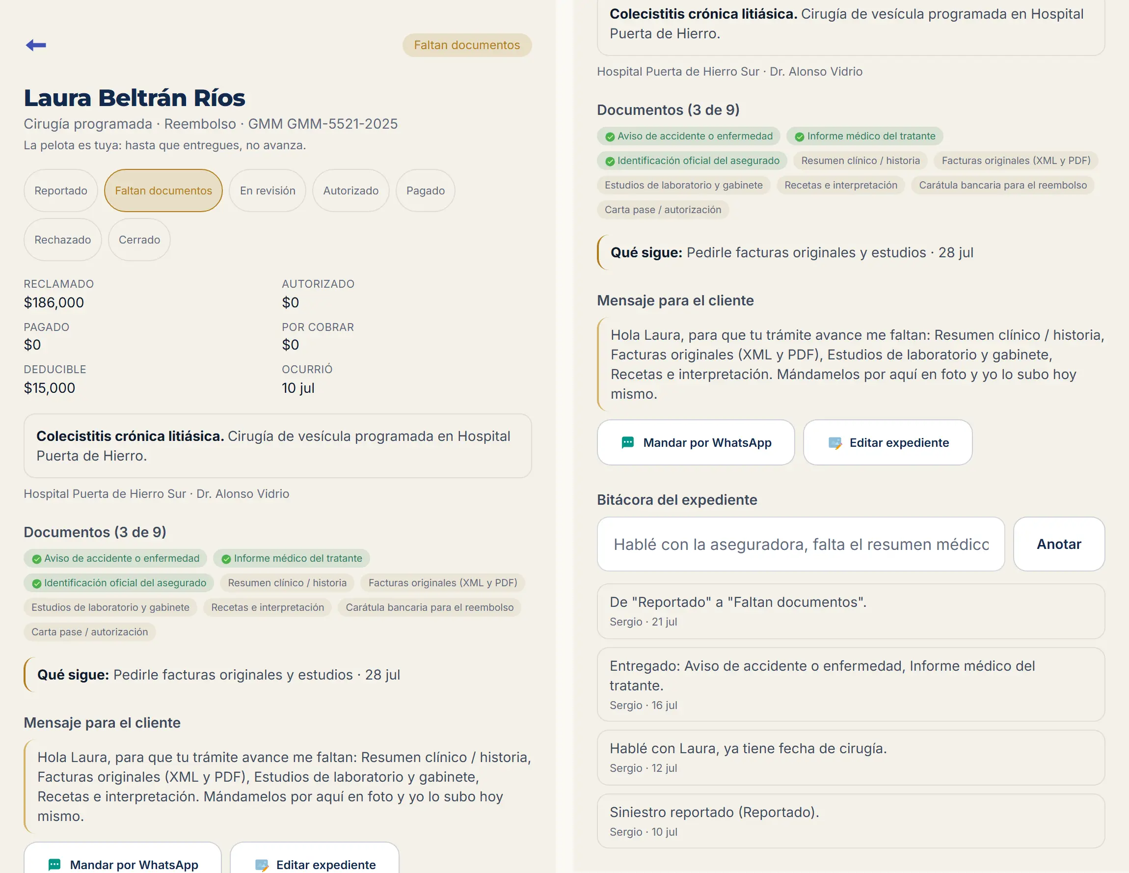 Expediente de un siniestro en Vigenza: estatus, montos reclamado, autorizado y pagado, documentos entregados y bitácora con fechas