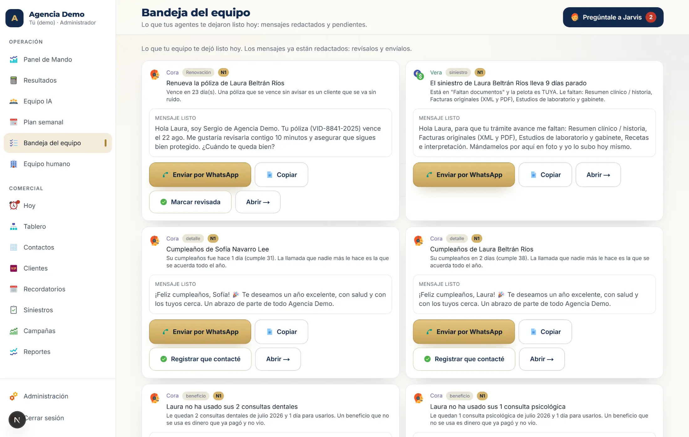 Bandeja del equipo en Vigenza: una renovación con el mensaje de WhatsApp ya redactado, clientes sin RFC y la fuga del embudo